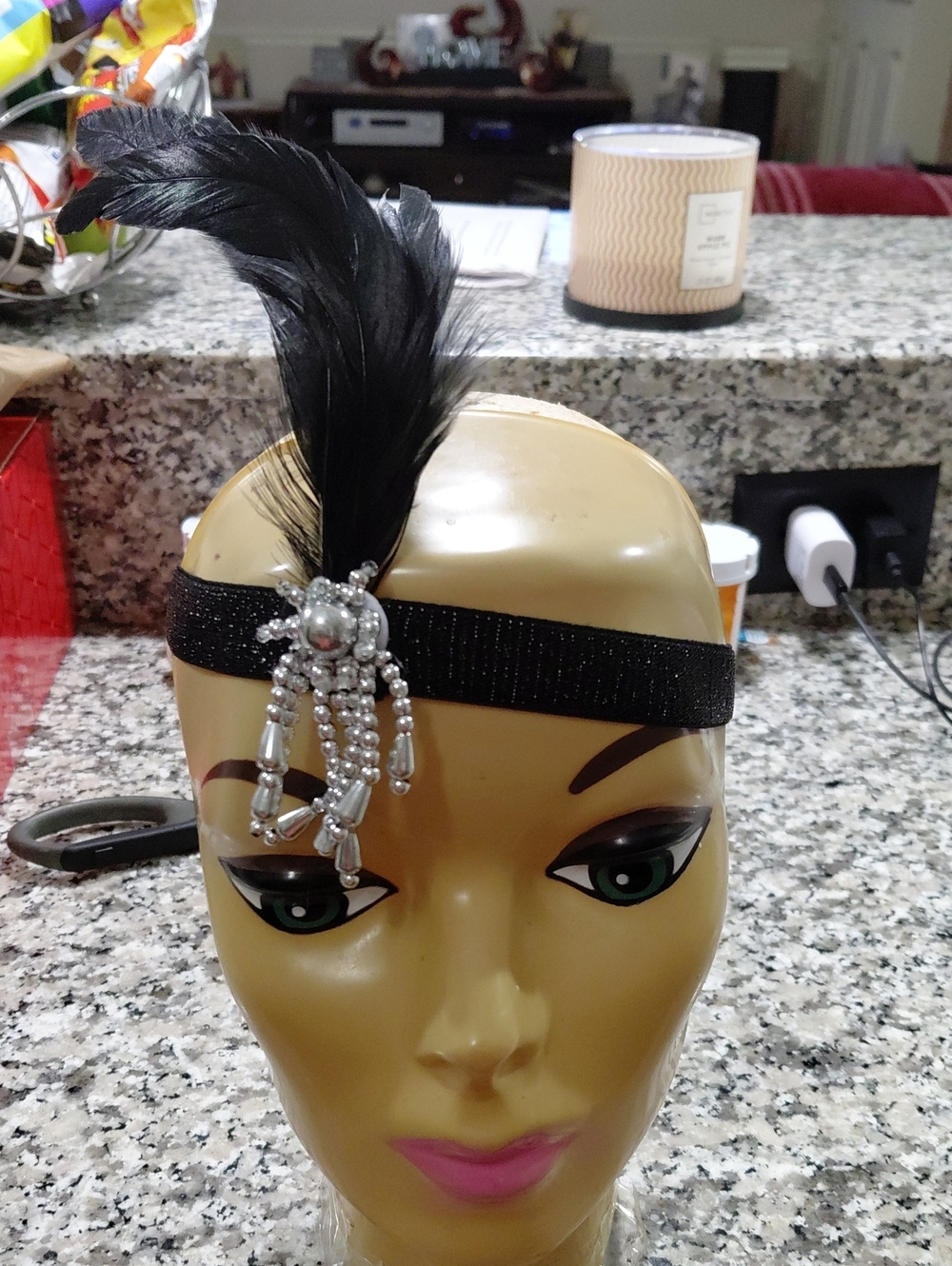 Beaded Feather Headband - Black and Silver Flapper Style New